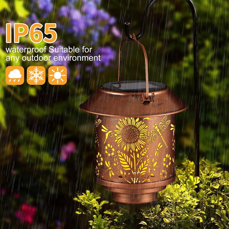 Doogarden Solar Lantern Outdoor Hanging Sunflower Lights Gifts for Women Mom Metal Garden Decor Outside Waterproof LED Lanterns for Patio(Dragonfly + Sunflower-2pack) - Image 2